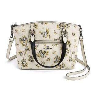 Coach Floral Pebbled Leather Top Handle Satchel Crossbody Cream 87109